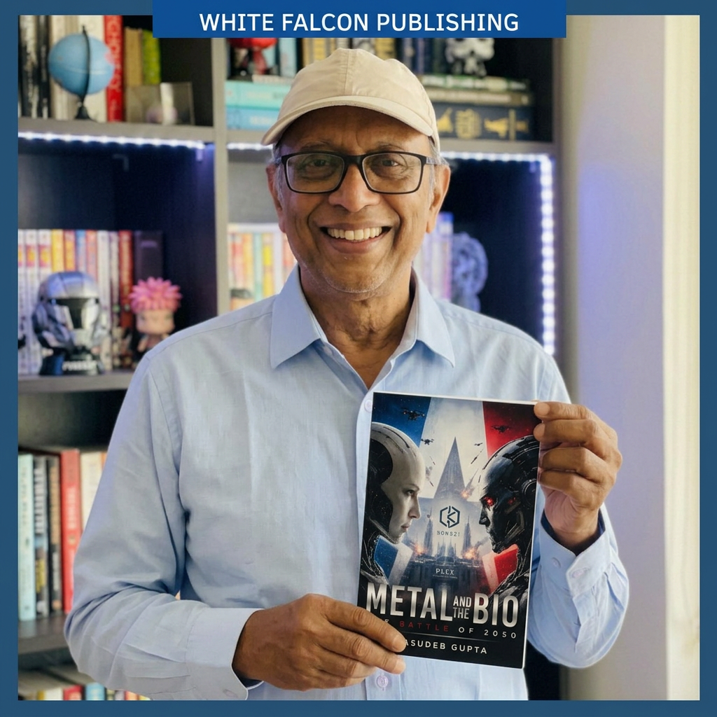 Basudeb Gupta holding his book Metal and the Bio: The Battle of 2050